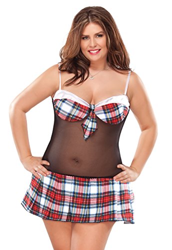 Coquette Women's Plus-Size Kissable Queen Sized School Girl Chemise with Plaid Cups and Pleated Skirt, Red/Black, One Size/X-Large