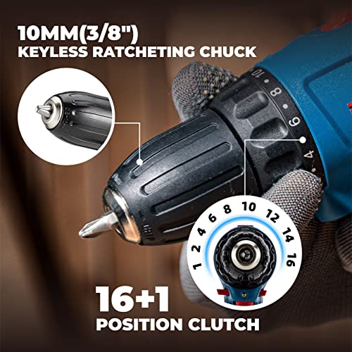 DongCheng 12V Max Akku-Bohrschrauber 30N.m,16+1,10m'm Schnellspannbohrfutter Bohrschrauber-Set (0-500/0-1500)mit 17-teiligem Handwerkzeugsatz für Heimwerkerprojekte,40 mins Schnellladegerät, DCJZ10-10