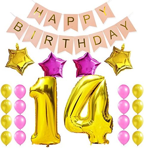 KUNGYO Sweet 14Th Birthday Party Decorations Kit-Pink Happy Brithday Banner,Number 14 Golden Mylar Foil Balloon, 4 PCS Star,16PCS Gold Pink Latex Balloon, Perfect 14 Years Old Birthday Party Supplies