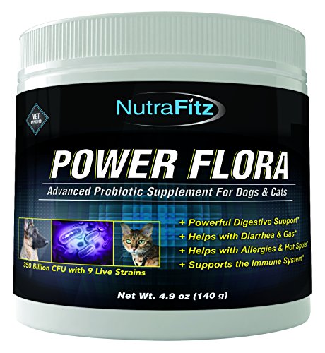 POWER FLORA - Probiotics for Dogs and Cats with 9 Live Strains - Dog Probiotics Improves Dog Breath, UTI, Diarrhea, Constipation, Skin Allergy, Hot Spots - Odorless Powder - 350 Billion CFU/jar