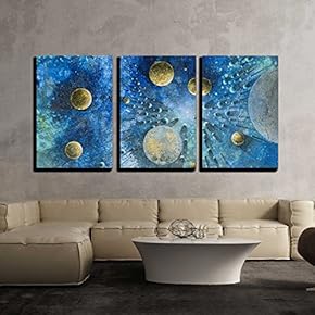 3 Piece Canvas Wall Art - Abstract Picture Showinh Lots of Planet-Like Objects in Blue and Green Structure - Modern Home Art Stretched and Framed Ready to Hang - 16"x24"x3 Panels
