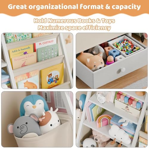 4 Tier Kids Bookshelf - Toddler Book Display Shelves, Children Bookcase Organizer for Kids Room, Classrooms, Nursery, Bedroom, White, 85 * 30 * 75Cm