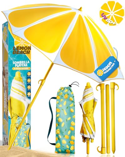 R2TECH® Super Pack Folding Beach Umbrella | Parasol with Height 210 cm and Diameter 160 cm | Compact Umbrella for Suitcase | Summer Protection 2 Seater UPF 50+ | Pole Aluminium Yellow 109C