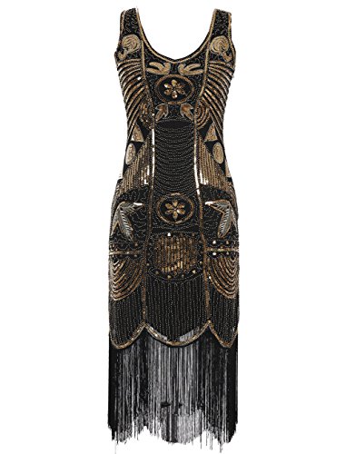 Emust Women's 1920s Gatsby Sequins Beads Embellished Fringed Party Flapper Dress Gold Size Medium