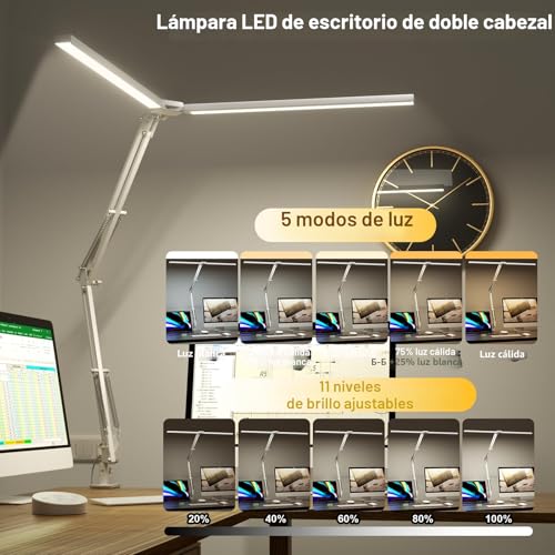SKYLEO LED Desk Lamp, Dual Head Desk Lamp with Clip, with Remote Control, 2400 LM, 5 Color Temperature Modes, Home Desk Lamp, 24W, White