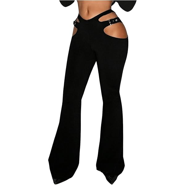 Women's Cutout Skinny Flared Pants Mid Waist Cut Out Laddering