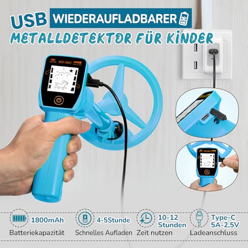 Metal Detector Children, Smofrees via USB Rechargeable Small Children's Metal Detector, Adjustable 60-86 cm Portable Metal Detector with Fun LCD Display for Outdoor Exploration, Blue