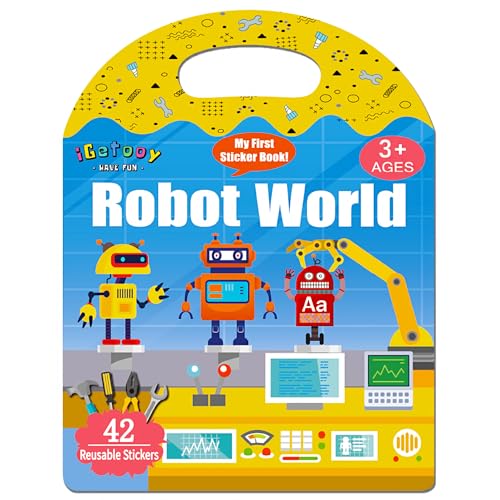 iGetooy Sticker Books for Toddlers 2-4 Years, Reusable Sticker Book for Kids, Travel Toys for Toddlers 1-3, Toddler Airplane Travel Essentials for Kid, Stickers for Kids (Robot World)