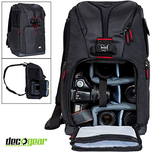 Deco Gear DSLR Camera Backpack, Customizable Compartments for Cameras, Lenses, Accessories & 15'' Laptop, Weather Protective, Perfect for Canon Nikon & Sony Photographers (Turns Into Sling Bag)