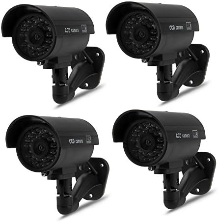 SUNLUXY 4 Pack Outdoor Dummy Fake Security CCTV Bullet Surveillance Camera with Red LED Flashing Light (Black)