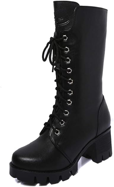 Amazon Com Womens Mid Calf Leather Boots Winter Warm Block Heel Platform Combat Booties Wedge Lace Up Zipper Biker Boots Sopzxclim Clothing