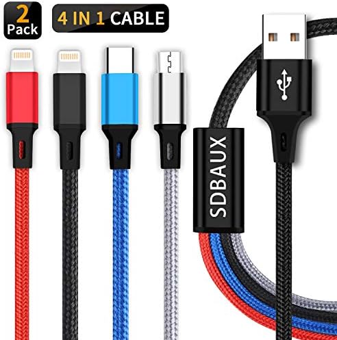 SDBAUX 3A Multi USB Charger Cable, 4 in 1 Multiple Charging Cord Adapter with Type C Micro USB Port Connectors Compatible with Cell Phones Tablets Universal Use (2Pack/4FT)