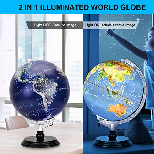 12 Inch Illuminated World Globe, Raised Relief Topographical Globe, Built-in LED Light for Night View, Magnifying Glass, Wood Stand for Learning Education Teaching Demo Home Office Desk Decoration