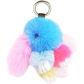 jtkdxqs Soft Cute Bunny Keychain Artificial Rainbow Rabbit Fur Plush Fluffy Pom pom Key Ring for Women