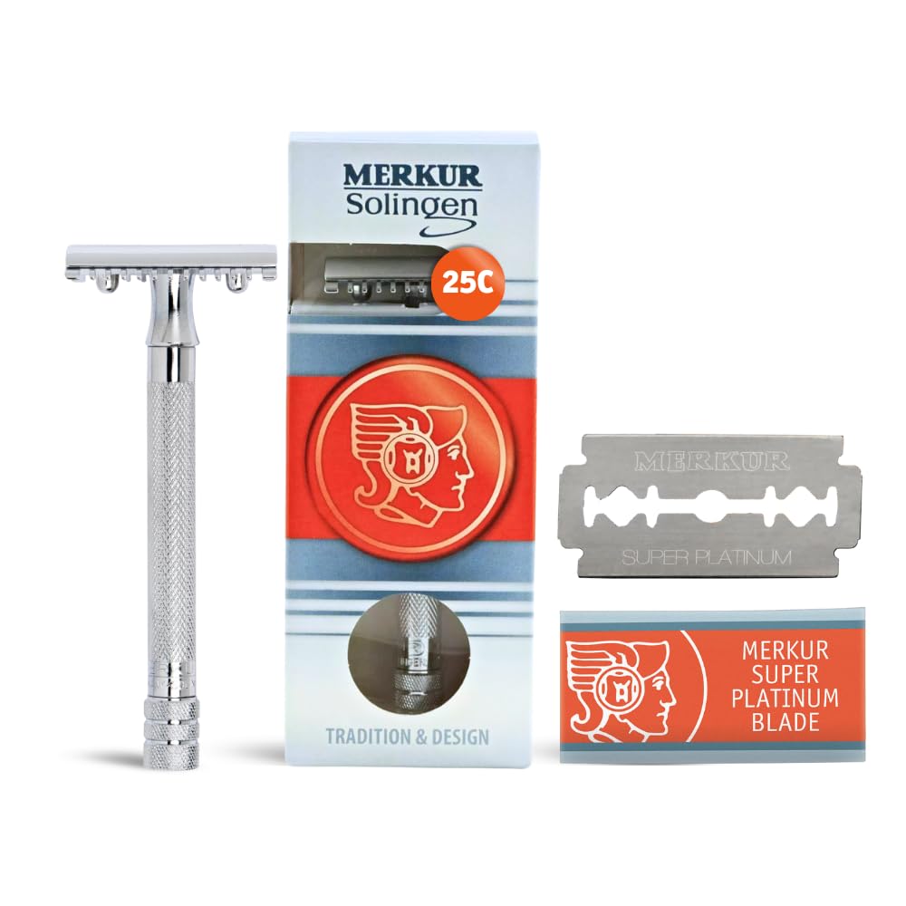 Photo 1 of MERKUR 25C Double Edge Safety Razor in Bright Chrome with an Open Comb Design, Long Handle, Made in Germany, Plastic-Free, Three-Piece Design, and Straight Bar