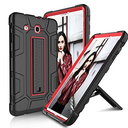 USHAWN Samsung Galaxy Tab E 9.6 Case, Hybrid Three Layer Heavy Duty Shockproof Full-Body Protective Kickstand Case Cover Compatible with Galaxy Tab E 9.6 inch/SM-T560 / SM-T561 / SM-T567V (Red)