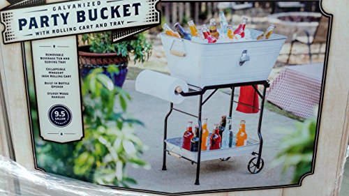Galvanized Steel Party Beverage Bucket Tub 9.5 Gallon with Collapsible Wrought Iron Rolling Cart & Tray (White)