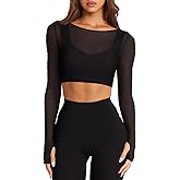 LASLULU Mesh Long Sleeve Crop Tops for Women Double Lined Workout Athletic Gym Shirts Cropped Tops with Built in Bra
