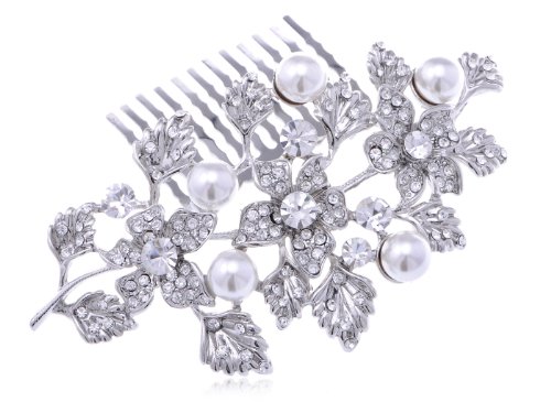 Alilang Silvery Tone Rhinestone Flowers and Leaves Cluster Fashion Hair Comb