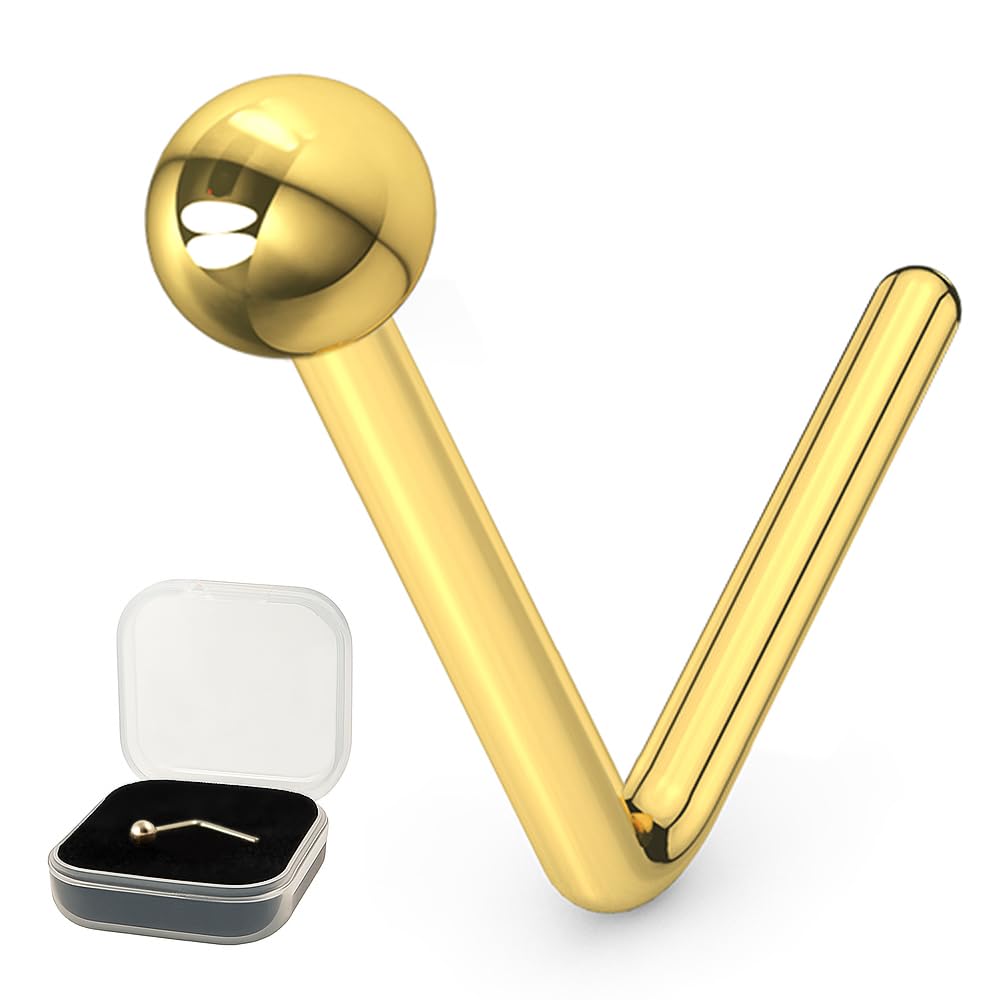 AZARIO LONDON 9K Yellow Gold Nose Stud 1.5MM Plain Ball Top 22 Gauge L Bend Nose Stud Piercing