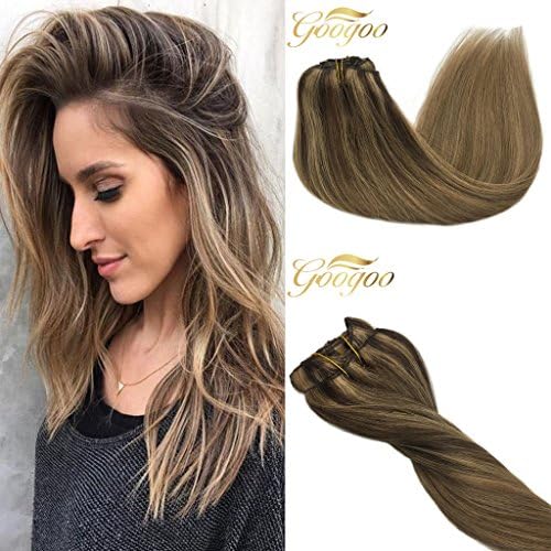 Googoo Balayage Colored Clip in Hair Extensions Chesnut Brown #4 to Caramel Blonde #27 Highlighted #10 Ash Brown Ombre Hair Extensions Clip in Remy Hair 7pcs 120g 22 inch