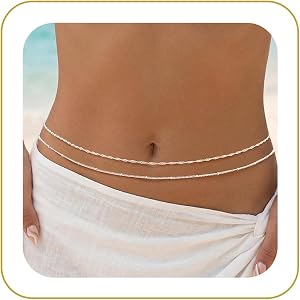 Tewiky Layered Waist Chain for Women, 14K Gold/Silver Plated Belly Chains | Beach Waist Beads Chain, Waterproof Twist Figaro