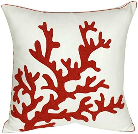 Embroidered Cute Nautical Animal Pillow Covers,Square 18 inch Decorative Canvas Pillow Cover For Nautical Style Deco By DECOPOW (Red-Coral)