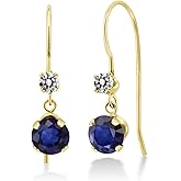 Gem Stone King 14K Yellow Gold Blue Sapphire and White Diamond French Wire Dangle Hook Earrings For Women (1.24 Cttw, Gemstone September Birthstone, Round 5MM and 2.5MM)