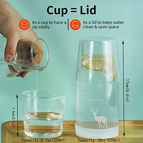 BTWD Bedside Water Carafe and Glass Set, Night Water Bediside Carafe with Glass Cup, Glass Mouthwash Dispenser for Bathroom, Nightstand Carafe with Silicone Coaster Glass Pitcher for Bedroom(18 OZ)