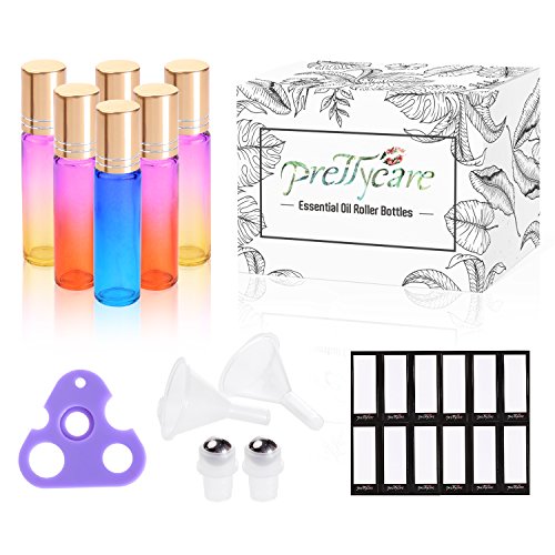 Essential Oil Roller Bottles 10ml ( Rainbow Color Oils Glass Bottles, 6 Pack, 2 Extra Roller Balls, 12 Labels, Opener, Funnels by PrettyCare ) Roller Balls For Essential Oils, Roll on Bottles - Thumbnail 6