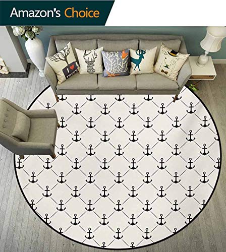 RUGSMAT Anchor Modern Machine Round Bath Mat,Abstract Retro Nautical Style Motif Checkered Pattern Sailing Yachting Theme Non-Slip No-Shedding Kitchen Soft Floor Mat,Diameter-24 Inch