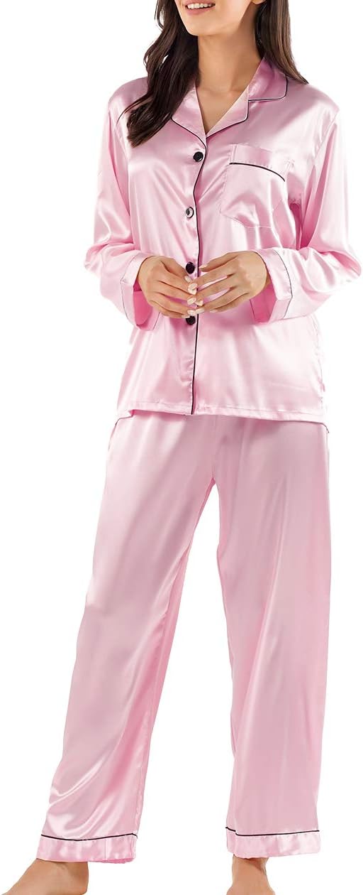 GAESHOWWomen Silk Pajamas Set Long Sleeve Ladies Satin PJ Sets Button-Down Pajama Sleepwear Loungewear S~XL
