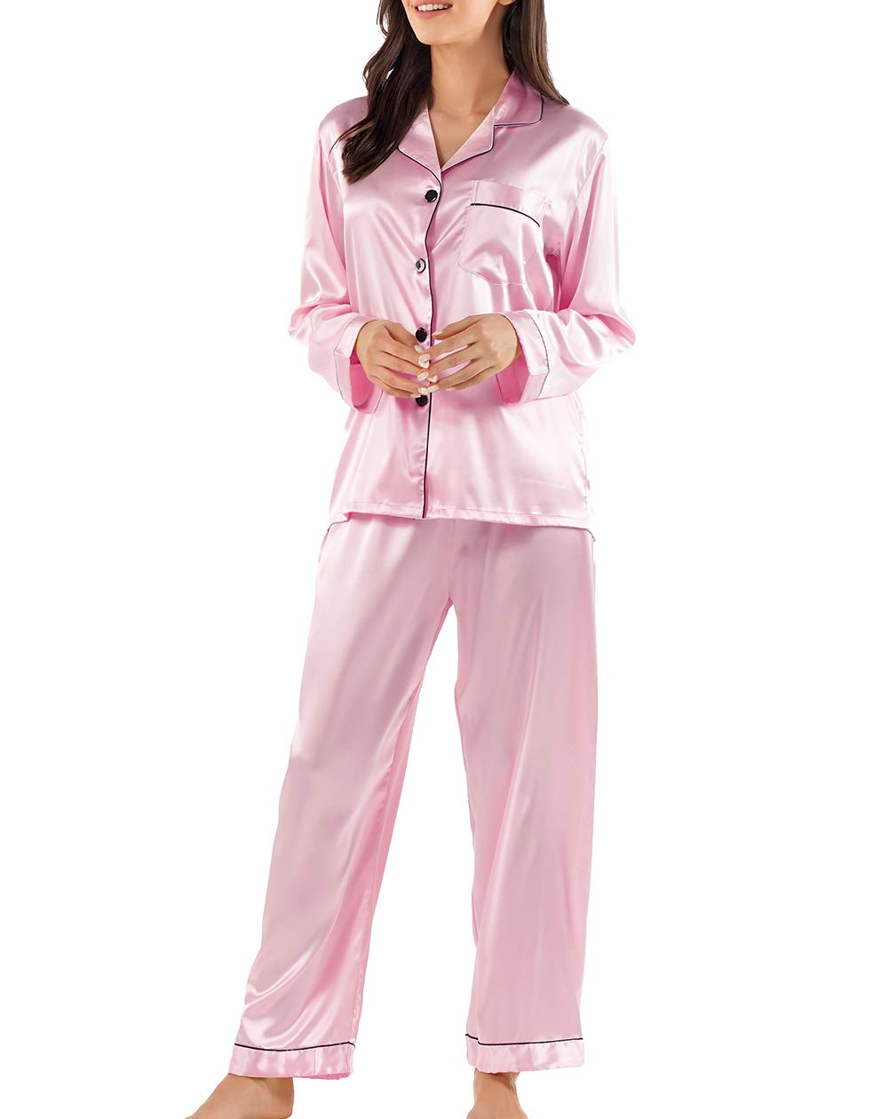 GAESHOWWomen Silk Pajamas Set Long Sleeve Ladies Satin PJ Sets Button-Down Pajama Sleepwear Loungewear S~XL