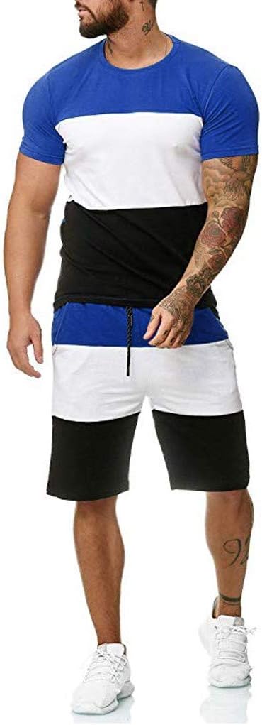 Lazzboy Men 2pcs T-Shirt + Shorts Outfit Sport Set Colour Block Fitness Workout Short Sleeve Summer Lightweight Sets