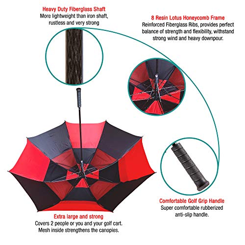Procella Golf Umbrella Windproof Waterproof - 62 Inch Large Automatic Open Rain & Wind Resistant Vented Double Canopy - Best Golf-Sized Stick Umbrellas for Men and Women (Red/Black) - Thumbnail 6