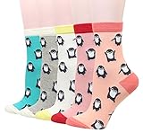 Wish Island Women's 5 Packs Cotton Crew Socks (Penguin)