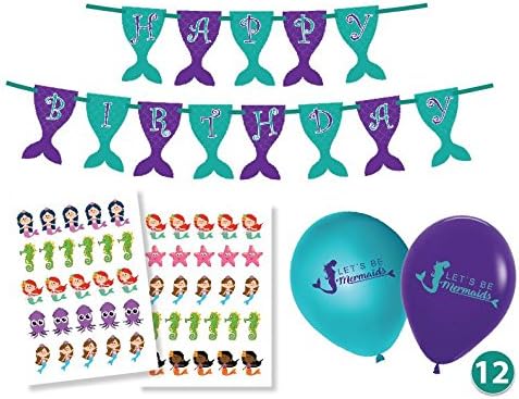 Glitter Owl Mermaid Party Supplies & Decorations for Girls Birthday Party - Under The Sea Happy Birthday Banner, Mermaids Tattoos for Favors and Balloons