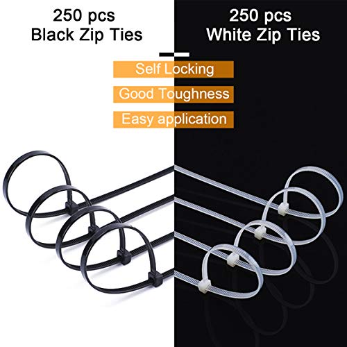Zip Ties 8 inch, 500 PCS Heavy Duty Cable Wire Ties, White & Black Half with Easy Self-Locking Tie Wraps, Multipurpose Plastic Nylon Zipties for Tying Work Indoor Outdoor by EANINNO