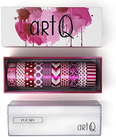 Washi Tape Set [10 rolls] - 330 Feet Long - Acrylic Organizer and Dispenser Box - Decorative Washi Tapes - Colorful Craft Tape - Adhesive Decor Masking Tape with Gift Box by ArtQ - Fucsia