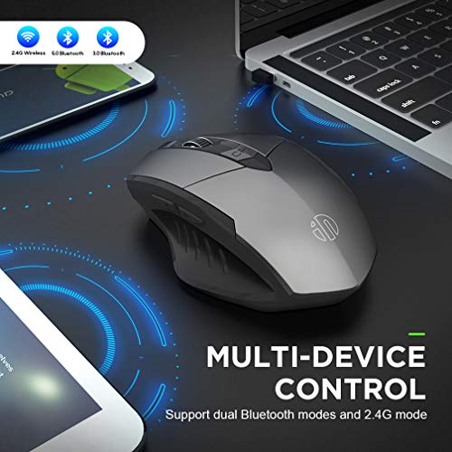 Bluetooth Mouse, Inphic Multi-Device Silent Rechargeable Bluetooth Wireless Mouse (Tri-Mode: BT 5.0/3.0+2.4G), 1600DPI Ergonomic Portable Mouse for Laptop PC Computer,Android,Windows Mac OS, Grey