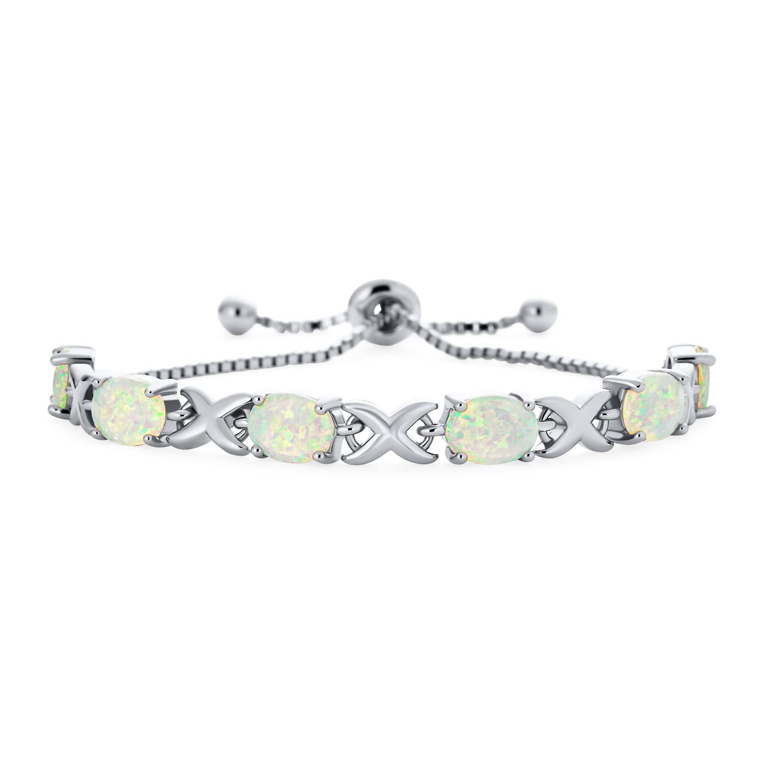 Bling Jewelry Gemstone Iridescent Oval Figure 8 & White Created Opal Tennis Infinity Bolo Bracelet For Women .925 Sterling Silver Rhodium Plated Adjustable Slide 7 Inch
