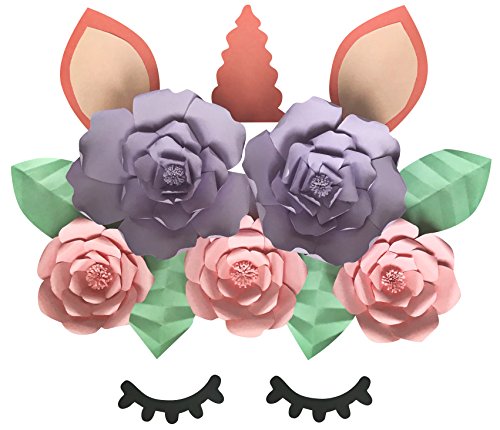 Unicorn Paper Flower Kit - DIY Unicorn Face Paper Flower Backdrop - 120 Piece Set - Unicorn Horn, Ears, and Lashes, 5 Flowers, 4 Leaves (Multi Color Unicorn Set)