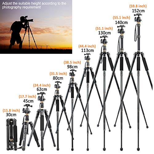 JEIFN 60"Leichtes Stativ für Kamera und Telefon, tragbares Aluminium-Reisestativ mit Einbeinstativ und 360-Grad-Kugelkopf 1/4 Zoll Schnellwechselplatte und Telefonhalter für Vlog-Reisen und Arbeiten – Bild 5
