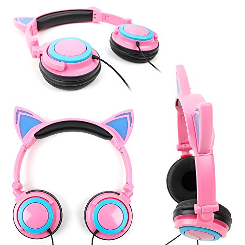 Pink Cat Children's Headphones (with Blue LED Ears) Nextbase NB49AC / SDV49AC / NB49AM / SDV49AM Portable DVD Player - by DURAGADGET