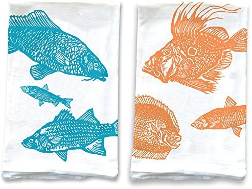 Rigel Stuhmiller Blue and Orange Fish Set of 2 Screenprinted 100% Cotton Flour Sack Kitchen Towels Printed in USA