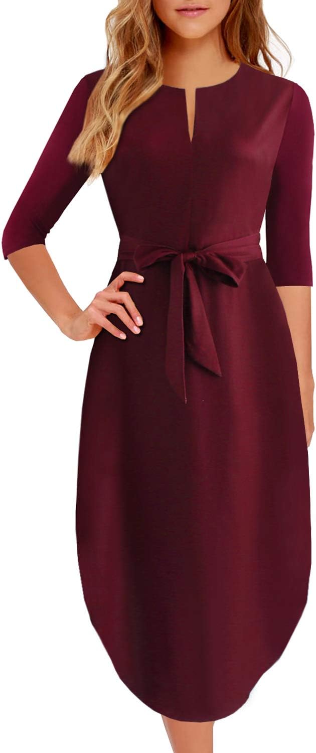 BOKALY Dresses for Women Party Wedding Guest, Womens Work Casual Dress Elegant Midi Half Sleeve Side Slit V-Neck BK318 (S, Burgundy Half Sleeve)