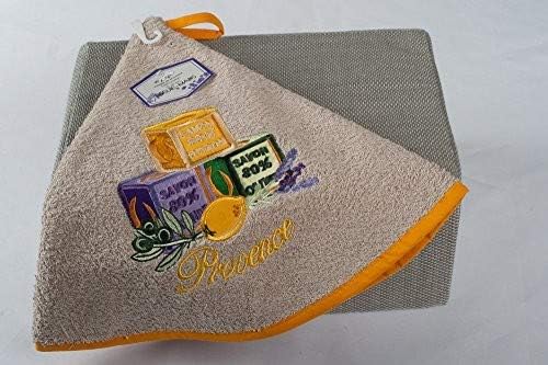Villages de Provence Hand Towel 3 Savons - Round with Clip - Mole - Embroidered Patterns - 100% Cotton - Ø 65 cm in diameter - Kitchen or Bathroom - Machine Washable