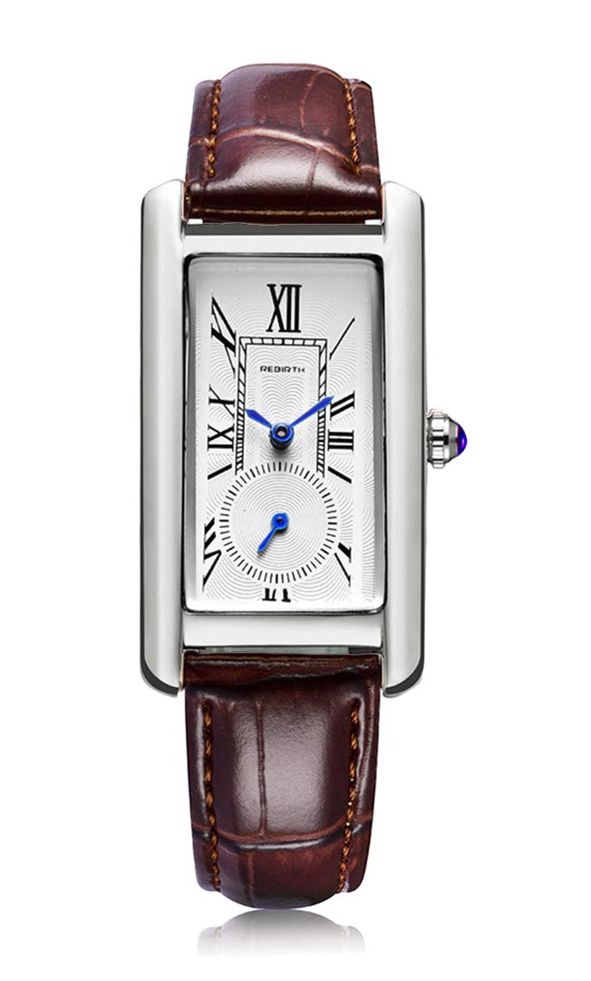 Photo 1 of Women Quartz Watch Lady Stylish Rectangle Dress Watch with Leather Strap and Sapphire Crown (Silver Brown)