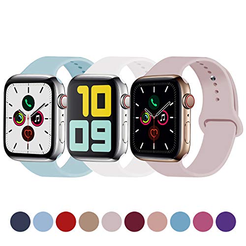 Idon 3-Pack Sport Band Compatible for Apple Watch Band 38MM 40MM S/M, Soft Silicone Sport Bands Replacement Strap Compatible with Apple Watch Series 5/4/3/2/1, Turquoise + Pink Sand + White