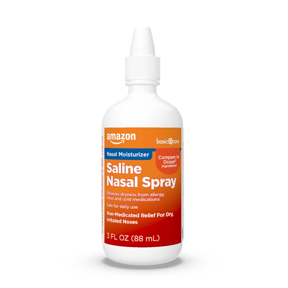 Amazon Basic Care Premium Saline Nasal Moisturizing Spray, Non-Medicated Relief for Dry, Irritated Nose, Sinus Relief, 3 fl oz (1-Pack)